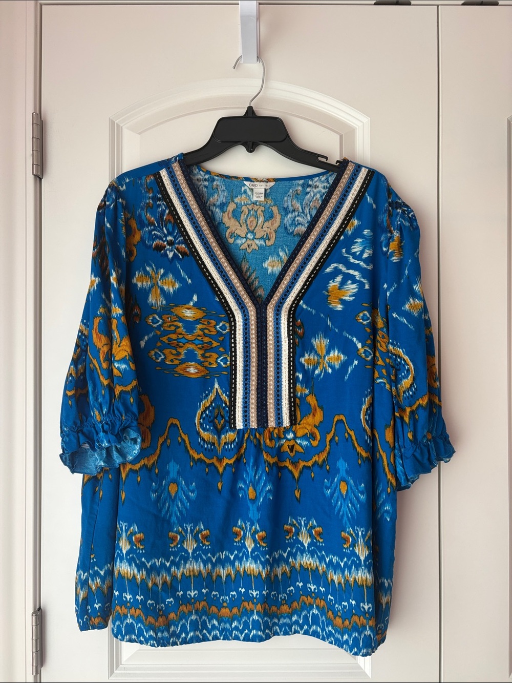 Cato Blue and Mustard Short Sleeve Blouse - Picture 1 of 11